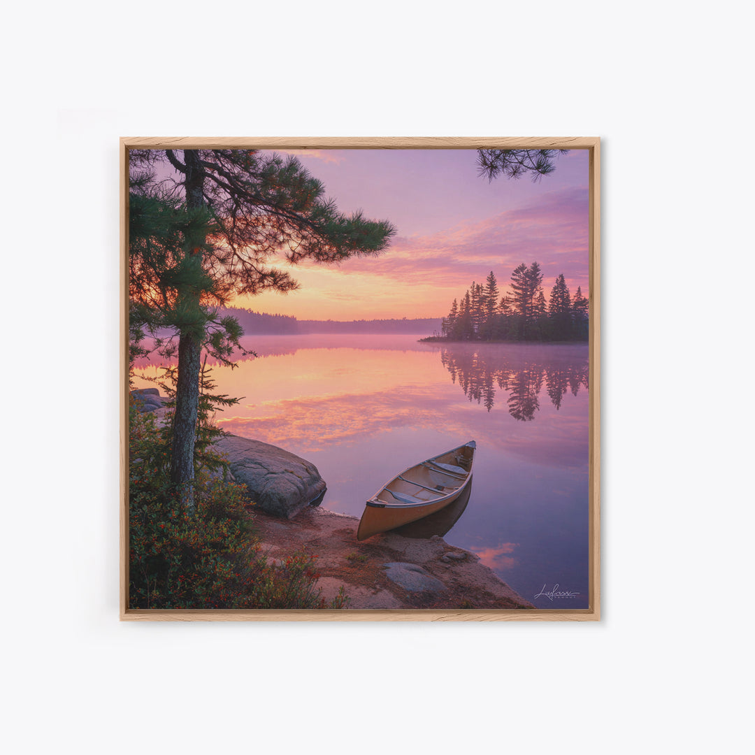 Canoe At Sunrise Lake Wall Art, Tranquil Morning Landscape Canvas Print, Nature Photography For Cabin Or Living Room Decor