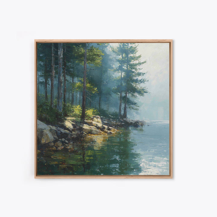 Misty Forest Lake Landscape Wall Art, Tranquil Nature Painting, Cabin Retreat Decor, Large Coastal Forest Canvas Print