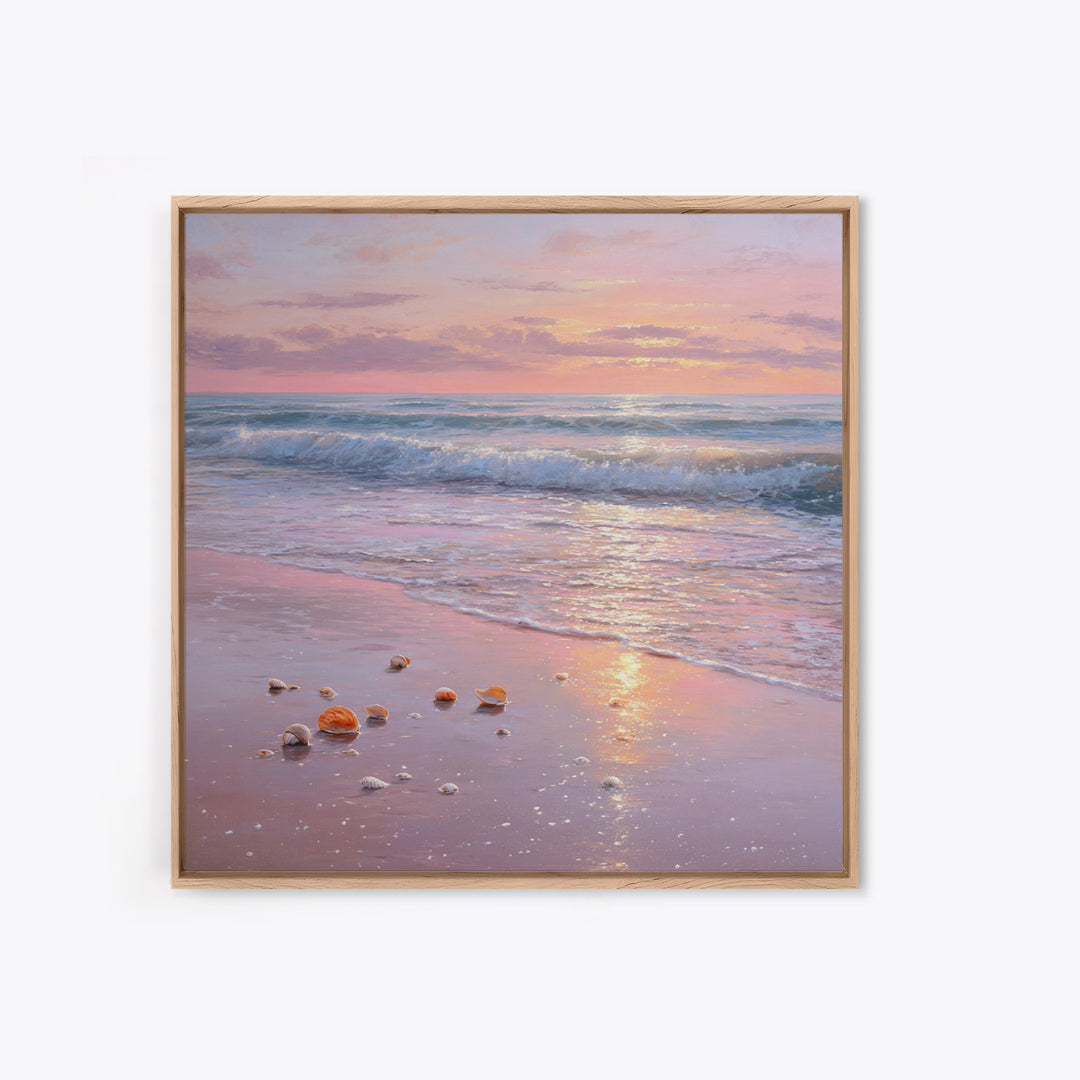 Pastel Sunset Ocean Shore With Seashells Canvas Print, Pink Coastal Wall Art, Beach House Decor, Calming Seascape, Living Room Wall Decor