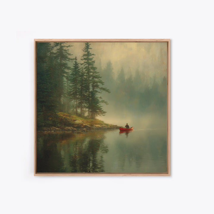 Misty Forest Lake With Red Canoe Wall Art, Peaceful Morning Landscape Canvas Print, Cozy Cabin Decor Artwork