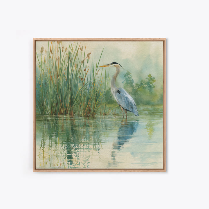 Heron Marsh Watercolor Wall Art, Nature Bird Canvas Print, Tranquil Coastal Landscape Art For Bathroom Or Living Room