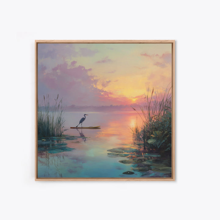 Pastel Lake Sunrise Heron Reeds And Lilies Landscape Wall Art Canvas Print Calming Nature Home Decor Bedroom Wall Art