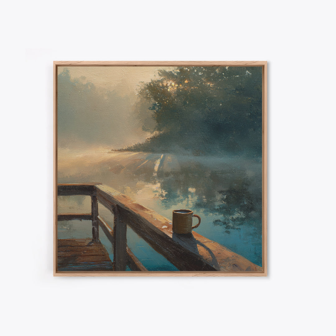 Misty Lake Morning Dock Wall Art, Coffee Mug By Water, Calming Landscape Canvas Print For Bedroom Or Living Room Decor