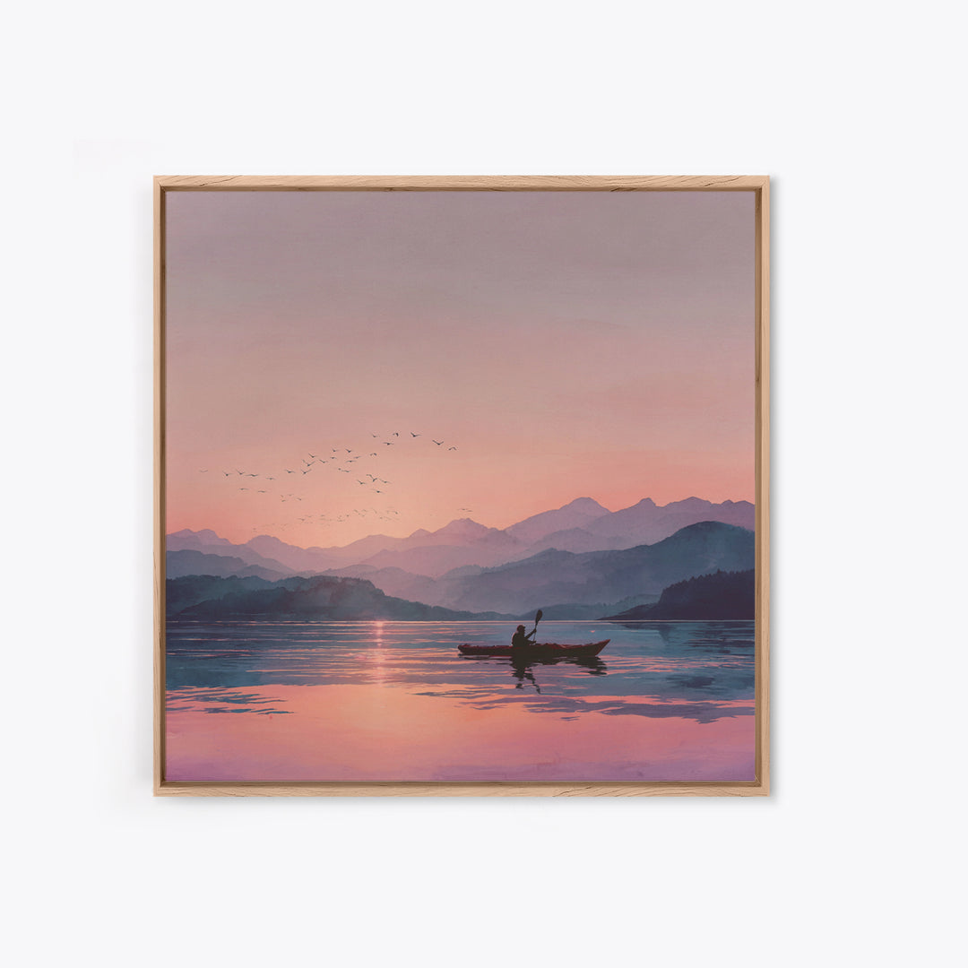 Serene Kayak At Pink Mountain Sunrise Landscape Wall Art, Calming Lake Painting, Nature Home Decor Canvas Print