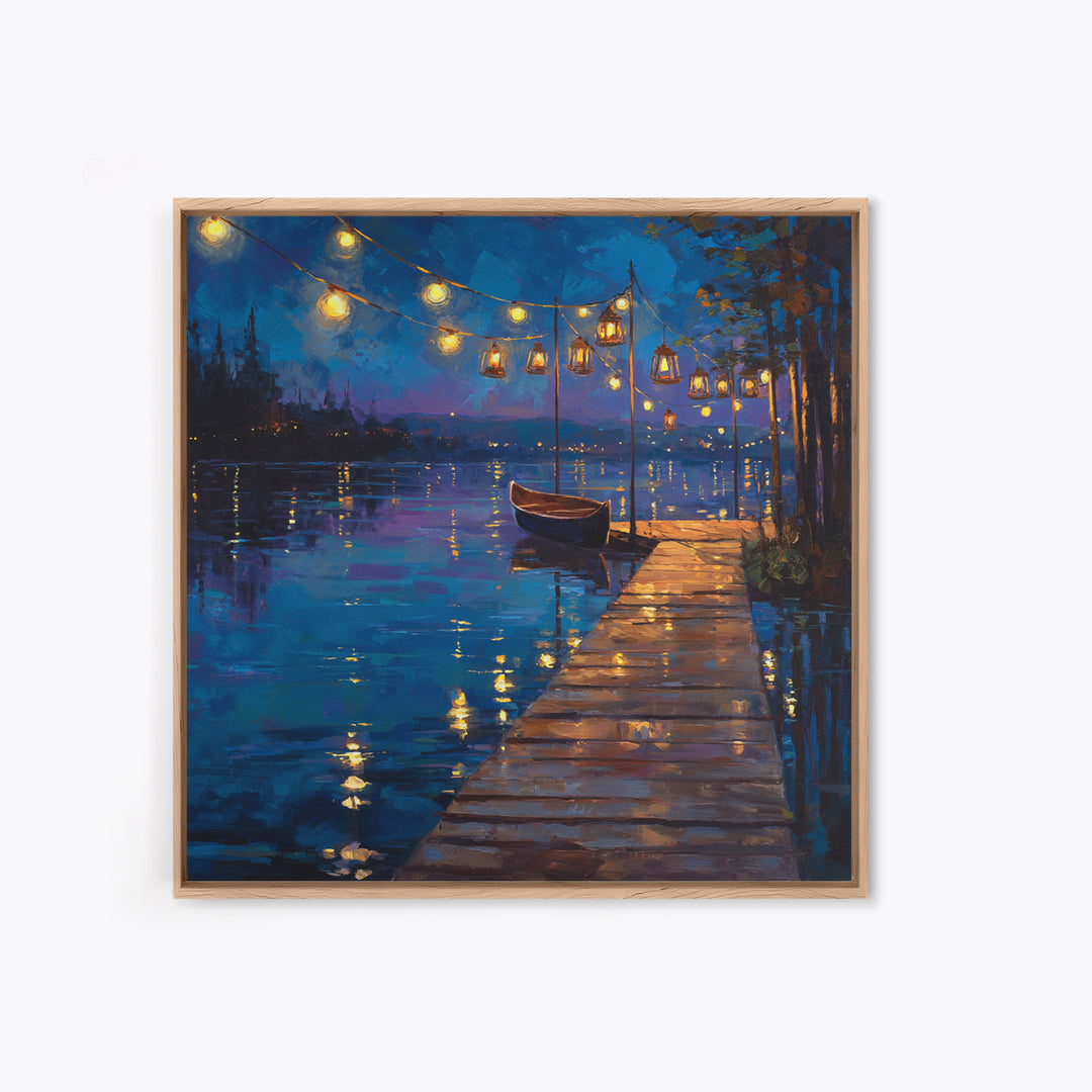 Romantic Lakeside Dock At Night Boat Lights Reflections Wall Art Canvas Print Modern Coastal Home Decor Living Room Wall Art