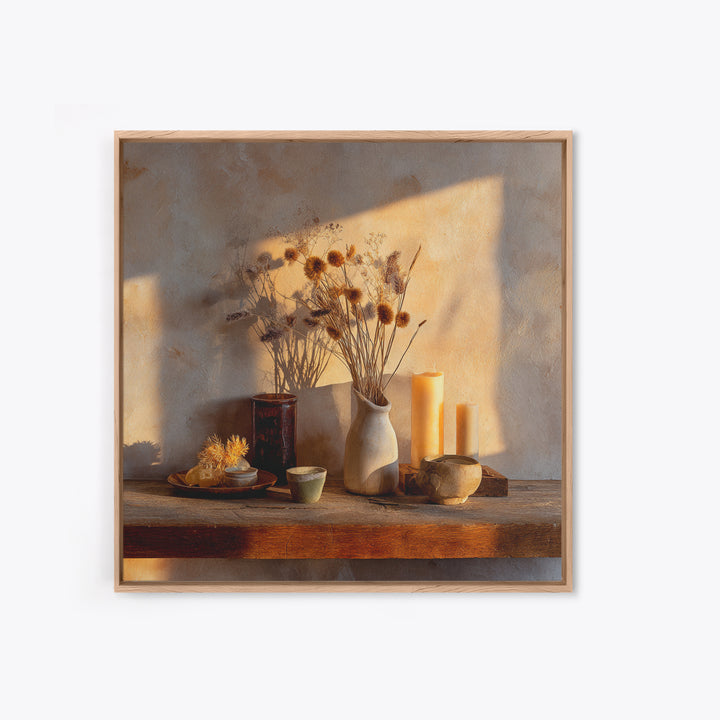 Rustic Dried Flower Still Life With Candles Wall Art, Neutral Wabi Sabi Decor, Farmhouse Shelf Fine Art Print, Warm Earth Tone Home Decor