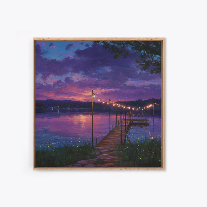 Magical Lakeside Dock At Twilight Wall Art, Firefly Lake Sunset Painting, Calming Landscape Canvas Print Home Decor