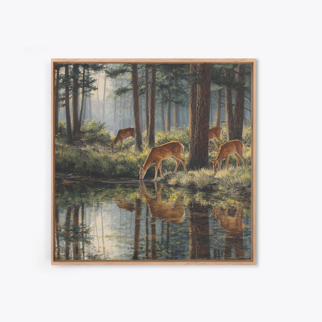Deer Drinking At Forest Lake Wall Art, Peaceful Wildlife Landscape Canvas Print, Rustic Cabin Decor, Nature Inspired Living Room Art