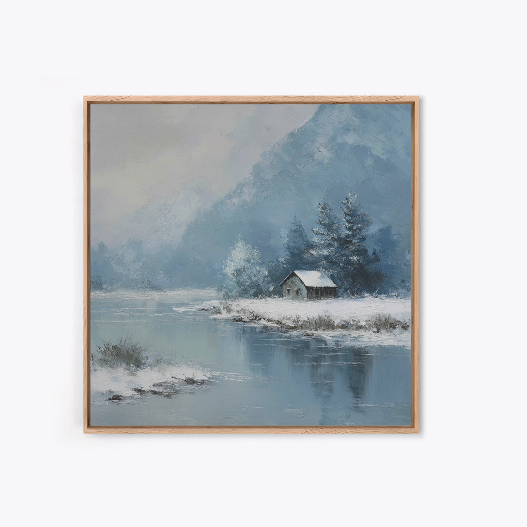 Winter Cabin By Lake Wall Art, Snowy Mountain Landscape Canvas Print, Cozy Rustic Home Decor For Living Room Or Cabin