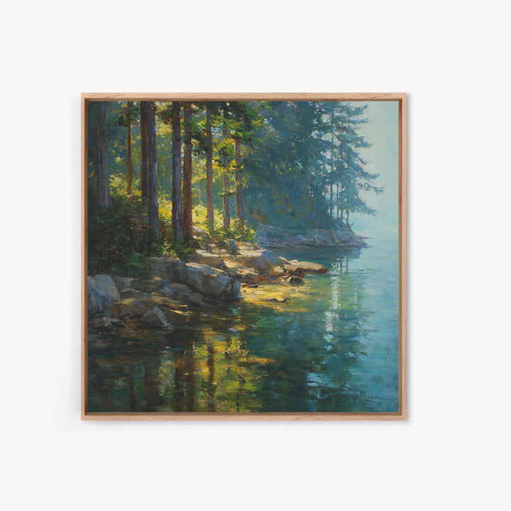 Sunlit Forest Lake With Reflections Landscape Wall Art, Nature Painting For Cabin Or Living Room, Canvas Print