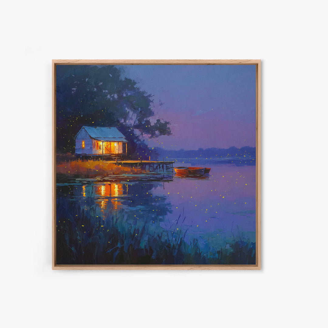 Cozy Lake Cabin At Dusk Framed Canvas Print, Fireflies Over Water Landscape Art, Rustic Wall Art For Cottage Or Living Room