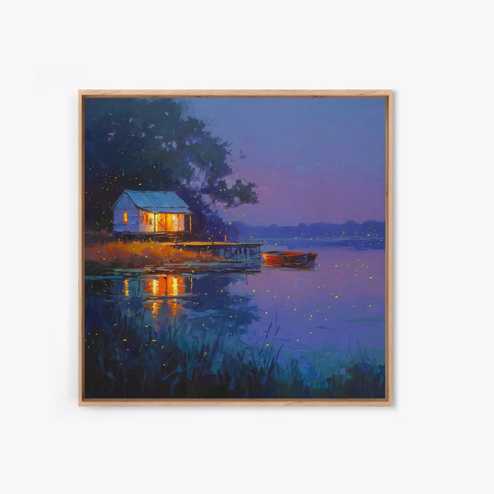 Cozy Lake Cabin At Dusk Framed Canvas Print, Fireflies Over Water Landscape Art, Rustic Wall Art For Cottage Or Living Room