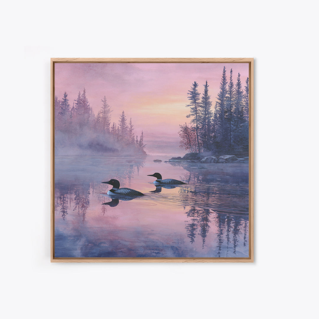 Misty Loon Lake Sunrise Wall Art, Tranquil Forest Landscape Canvas Print, Serene Cabin Decor, Peaceful Lake House Bedroom Art