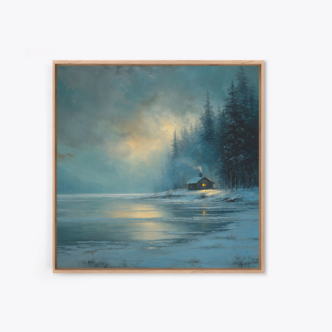 Cozy Winter Cabin By Frozen Lake Wall Art, Snowy Forest Landscape Framed Canvas Print, Rustic Cabin Decor, Calming Artwork