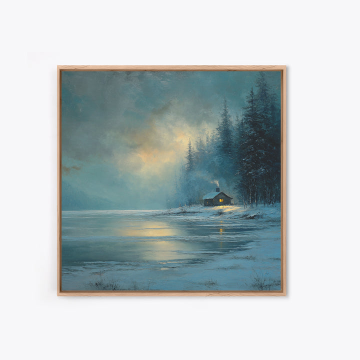 Cozy Winter Cabin By Frozen Lake Wall Art, Snowy Forest Landscape Framed Canvas Print, Rustic Cabin Decor, Calming Artwork