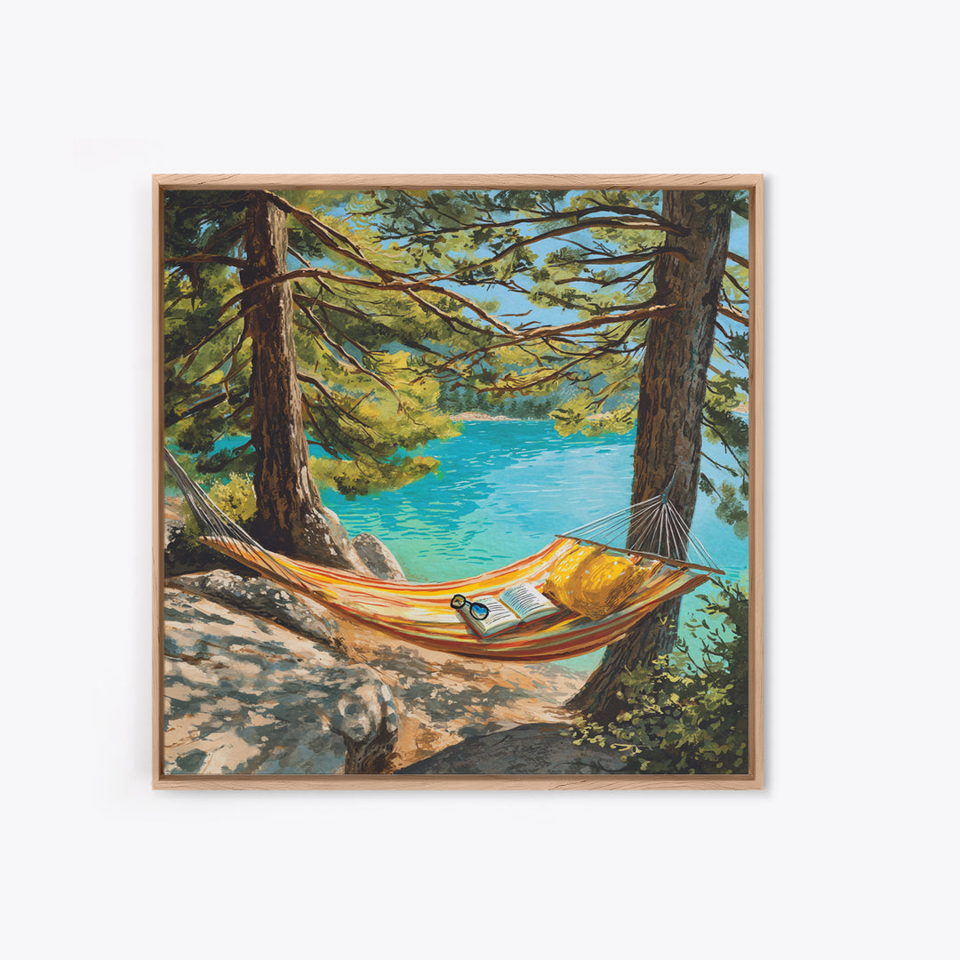 Hammock By Turquoise Lake Wall Art, Cozy Reading Nook In Pines Painting Print, Summer Cabin Home Decor Framed Canvas Print
