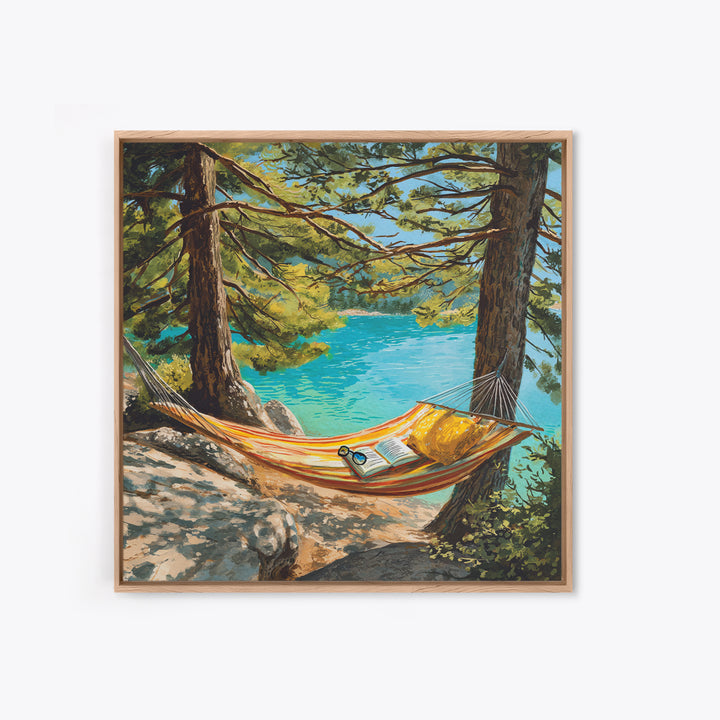 Hammock By Turquoise Lake Wall Art, Cozy Reading Nook In Pines Painting Print, Summer Cabin Home Decor Framed Canvas Print