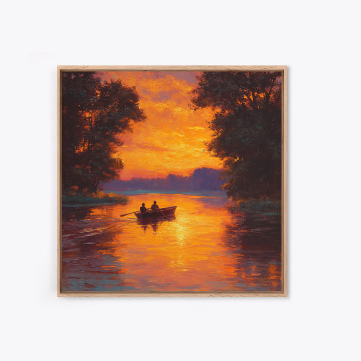 Couple Rowing Boat At Glowing Sunset Wall Art, Romantic Lake Landscape Canvas Print, Warm Living Room Home Decor