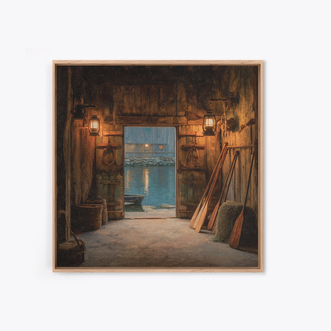 Warm Boat House Interior With Lanterns At Dusk Wall Art, Rustic Nautical Home Decor, Coastal Lake Framed Canvas Print