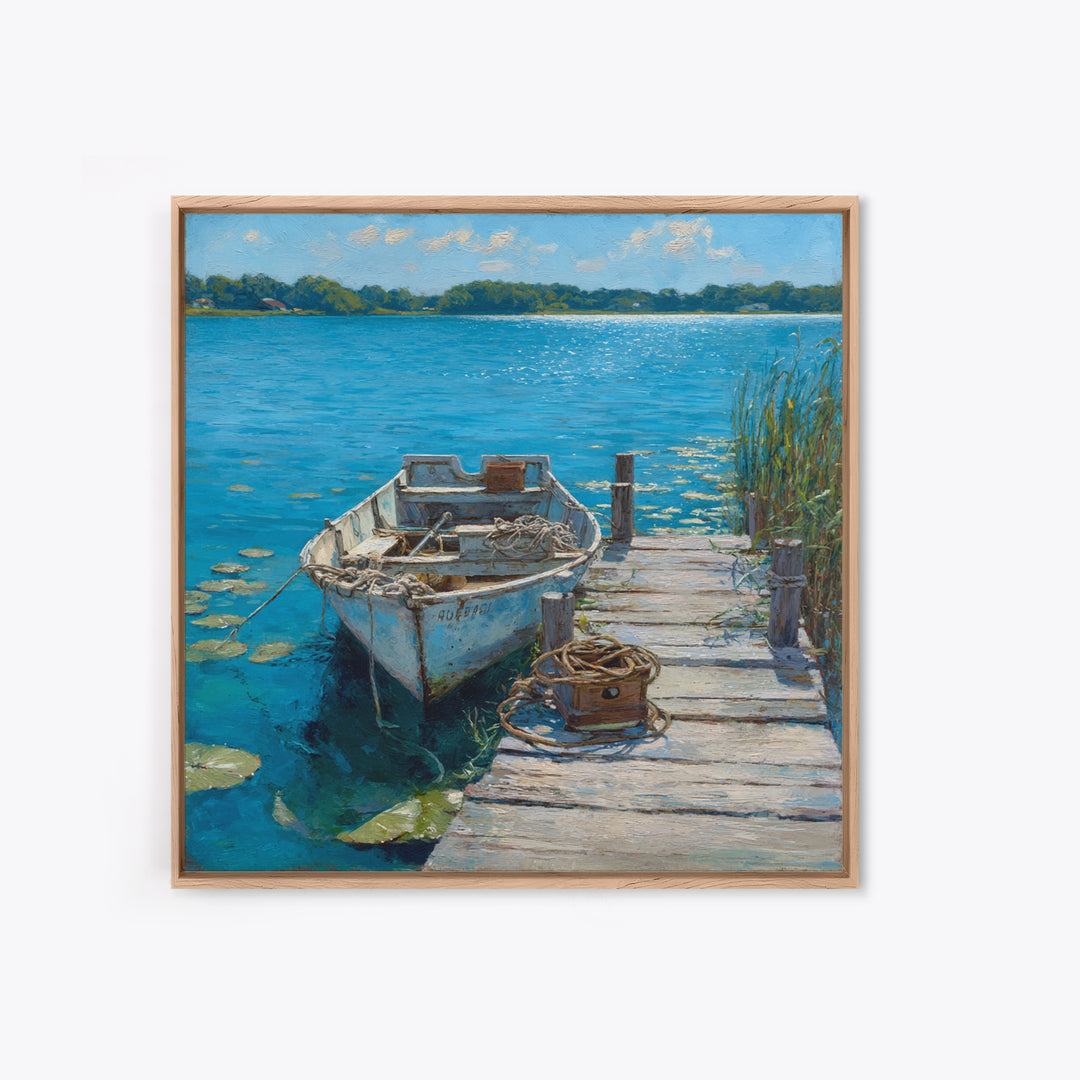 Serene Rowboat Lake Landscape Wall Art For Beach House Decor, Coastal Seascape Canvas Print, Nautical Living Room Artwork