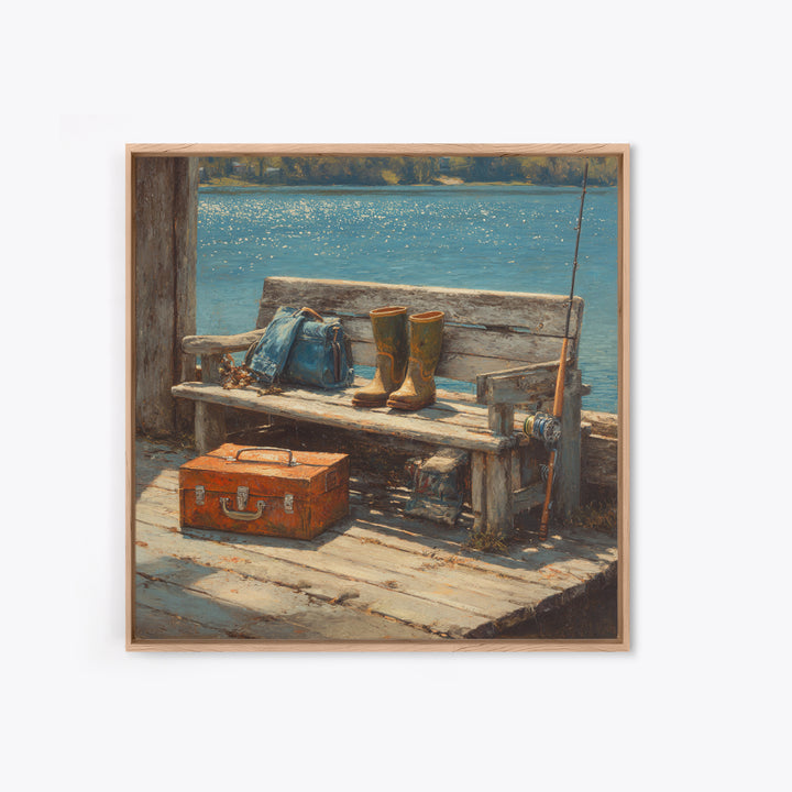 Rustic Fishing Dock Bench Wall Art, Lake Cabin Waterfront Canvas Print, Coastal Country Home Decor