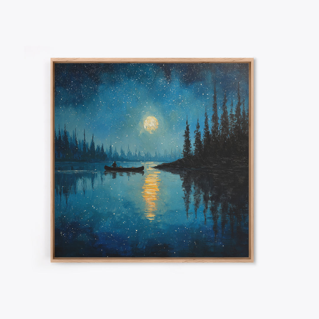 Moonlit Lake Canoe Night Landscape Wall Art, Starry Sky Reflection Print, Calming Nature Decor For Bedroom Wall Art