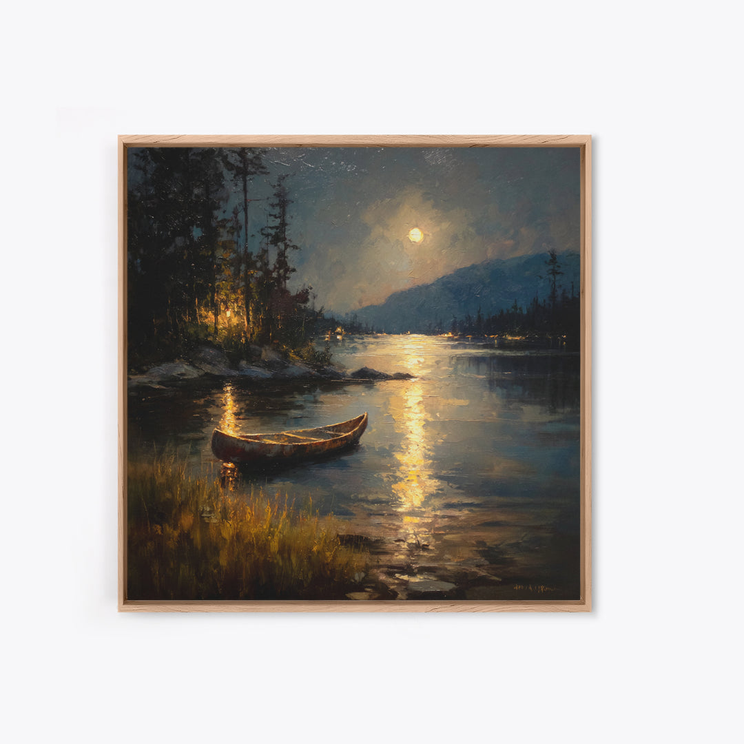 Moody Moonlit Lake Canoe Wall Art, Romantic Night Landscape Print, Rustic Cabin Decor, Calming Nature Art For Bedroom Or Living Room