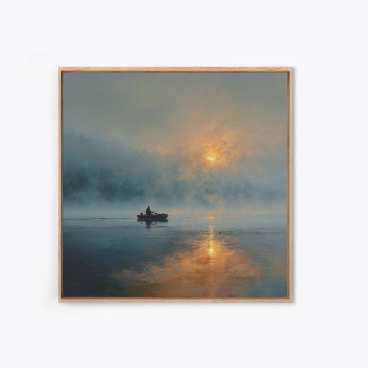 Misty Lake Sunrise Fisher In Boat Landscape Wall Art, Calming Nature Canvas Print, Modern Home Decor Living Room Art