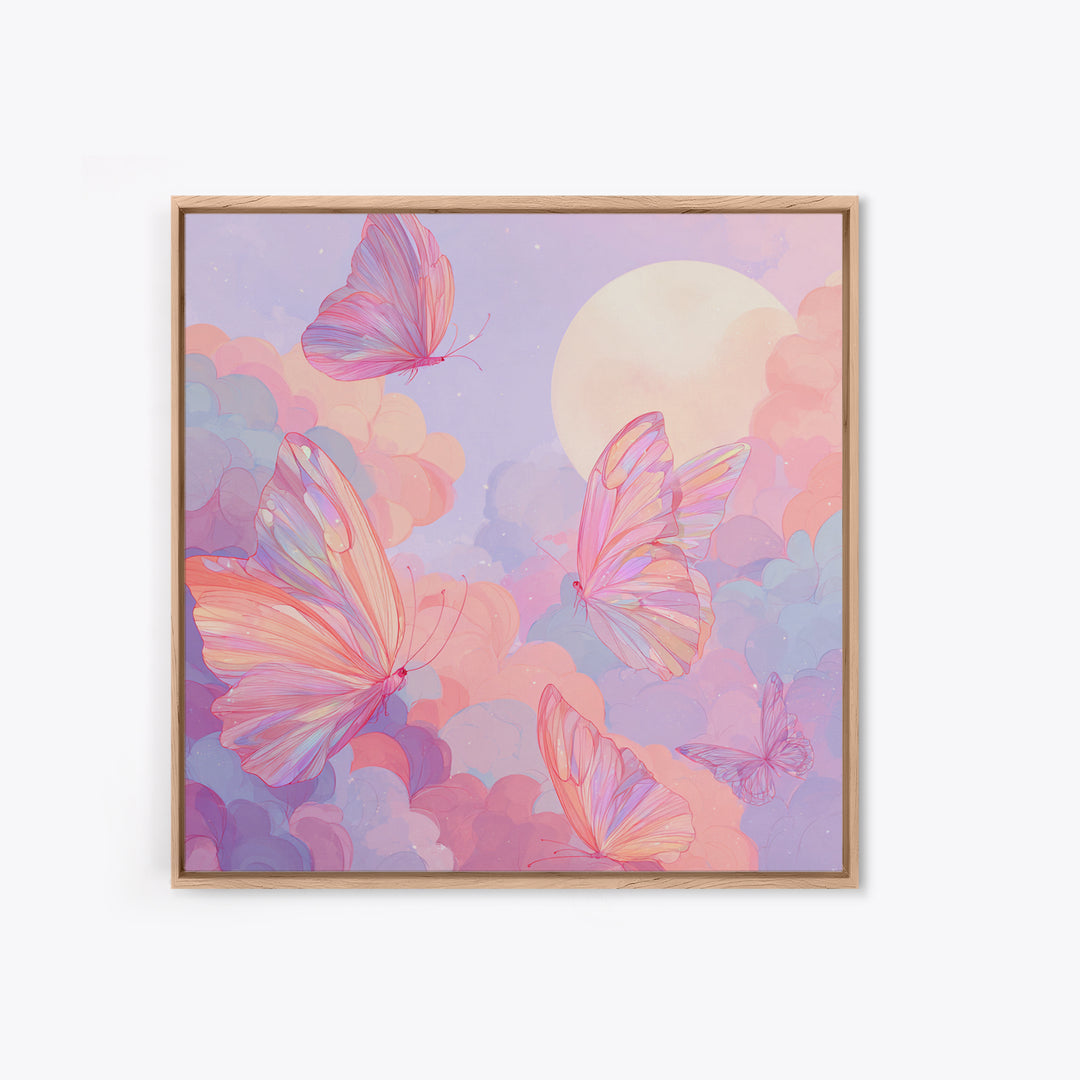 Pastel Pink Butterflies Moon Wall Art, Dreamy Celestial Canvas Print, Coquette Nursery Decor, Whimsical Bedroom Art Gift For Her