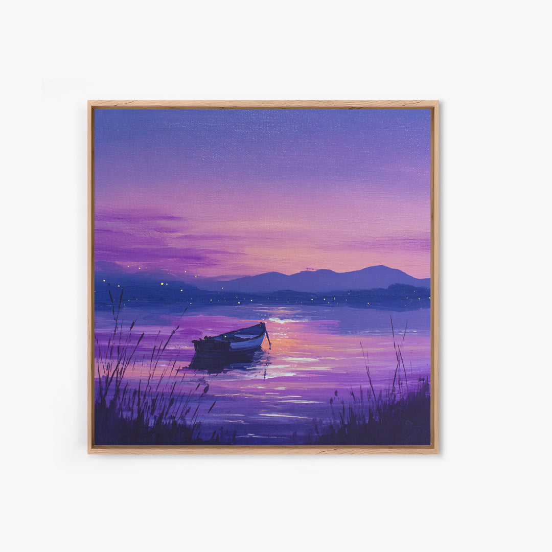 Purple Twilight Lake Boat Wall Art, Serene Sunset Landscape Canvas Print For Living Room Decor, Calming Modern Home Decor