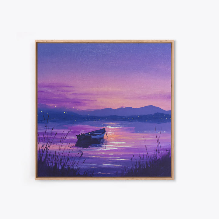 Purple Twilight Lake Boat Wall Art, Serene Sunset Landscape Canvas Print For Living Room Decor, Calming Modern Home Decor