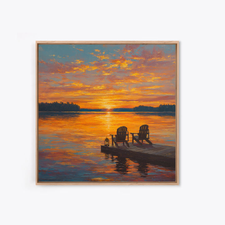 Lakeside Sunset With Adirondack Chairs Painting Wall Art, Romantic Lake Landscape Print, Cozy Cabin Summer Home Decor