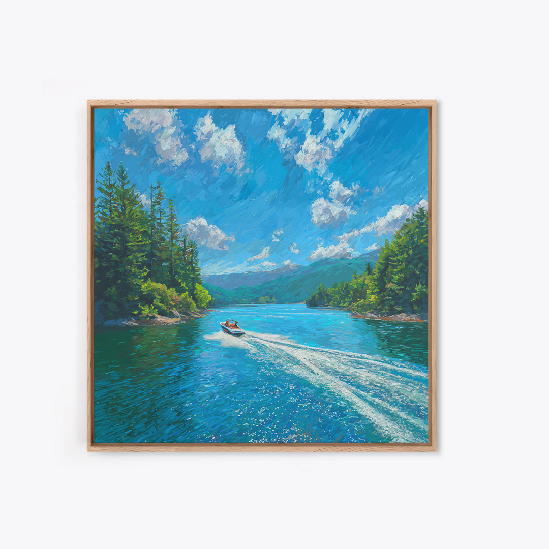 Boat On Mountain Lake Impressionist Landscape Wall Art, Turquoise Lake Painting Print, Nature Wall Art For Living Room Decor