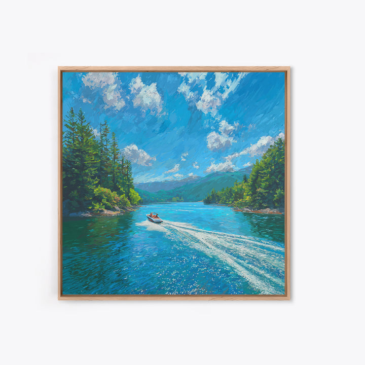 Boat On Mountain Lake Impressionist Landscape Wall Art, Turquoise Lake Painting Print, Nature Wall Art For Living Room Decor