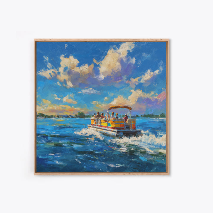 Sunny Boat Day Lake Oil Painting Wall Art, Colorful Coastal Art Print, Nautical Home Decor, Beach House Living Room Wall Art