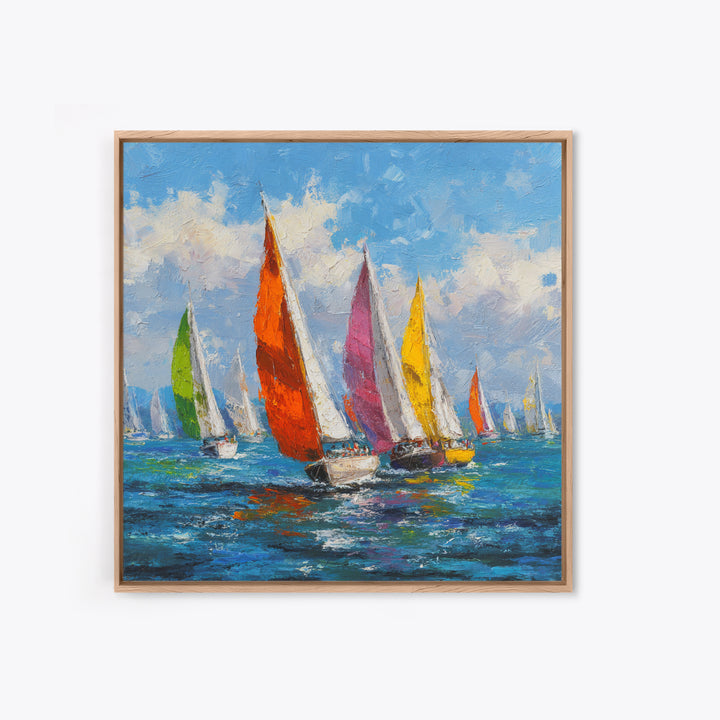Colorful Sailboats Seascape Oil Painting Wall Art, Coastal Abstract Ocean Canvas Print, Beach House Decor Modern Nautical Art