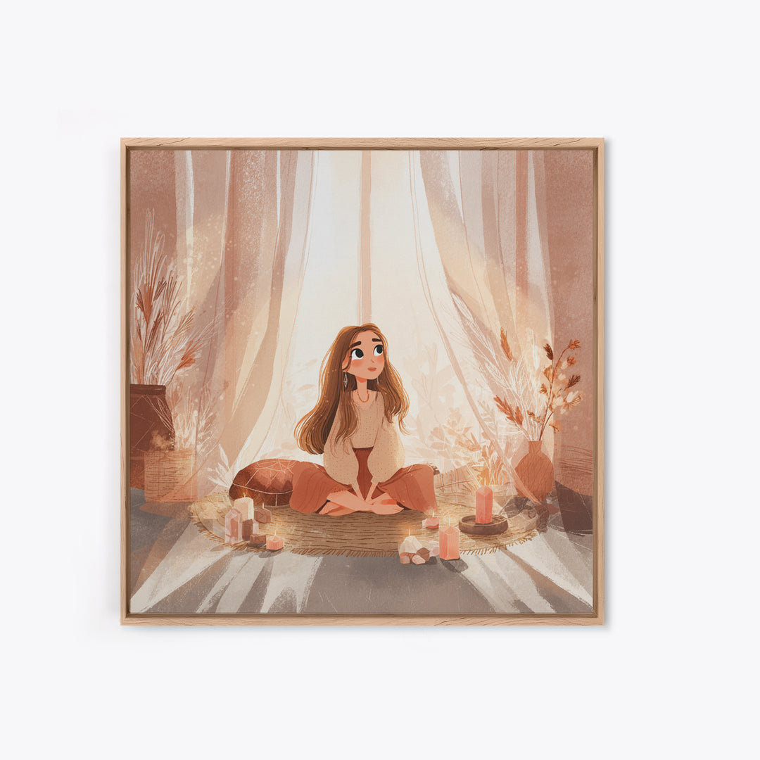 Cozy Meditation Girl With Candles Wall Art, Boho Spiritual Yoga Room Decor, Mindfulness Print, Peaceful Home Decor, Gift For Her