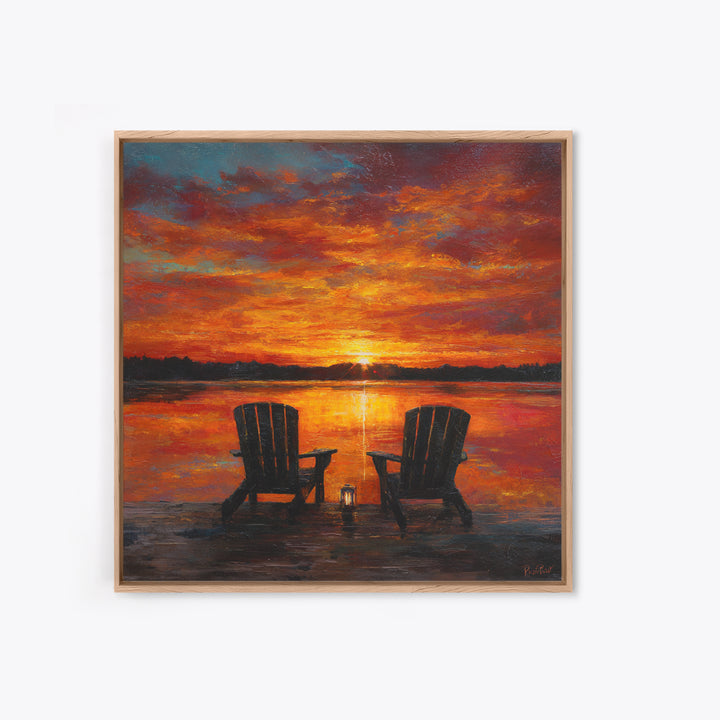 Romantic Lake Sunset Chairs Wall Art For Living Room Decor, Cozy Sunset Painting Canvas Print, Peaceful Landscape Art