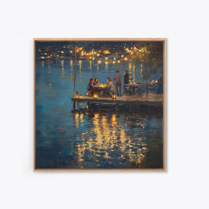 Romantic Lakeside Dinner Painting Wall Art, Warm Night Dock Scene Framed Canvas Print, Cozy Living Room And Dining Decor