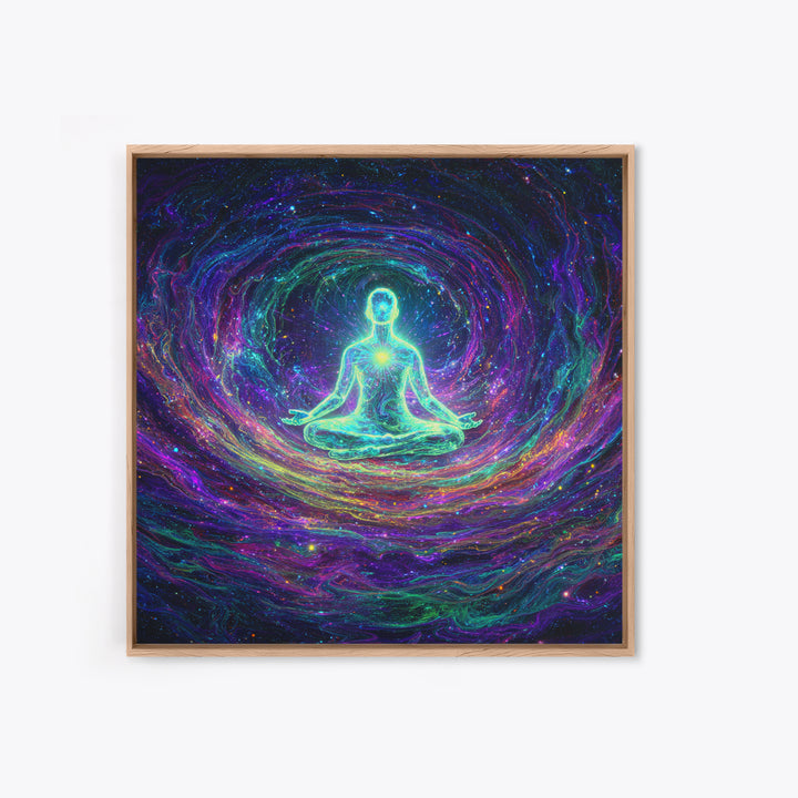 Glowing Figure Meditating In Cosmic Swirl Wall Art, Psychedelic Galaxy Canvas Print, Spiritual Mystical Home Decor