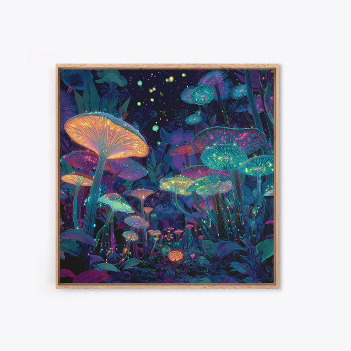 Glowing Mushrooms Fantasy Forest Wall Art, Whimsical Night Garden Painting, Colorful Nature Art Print, Magical Canvas Print