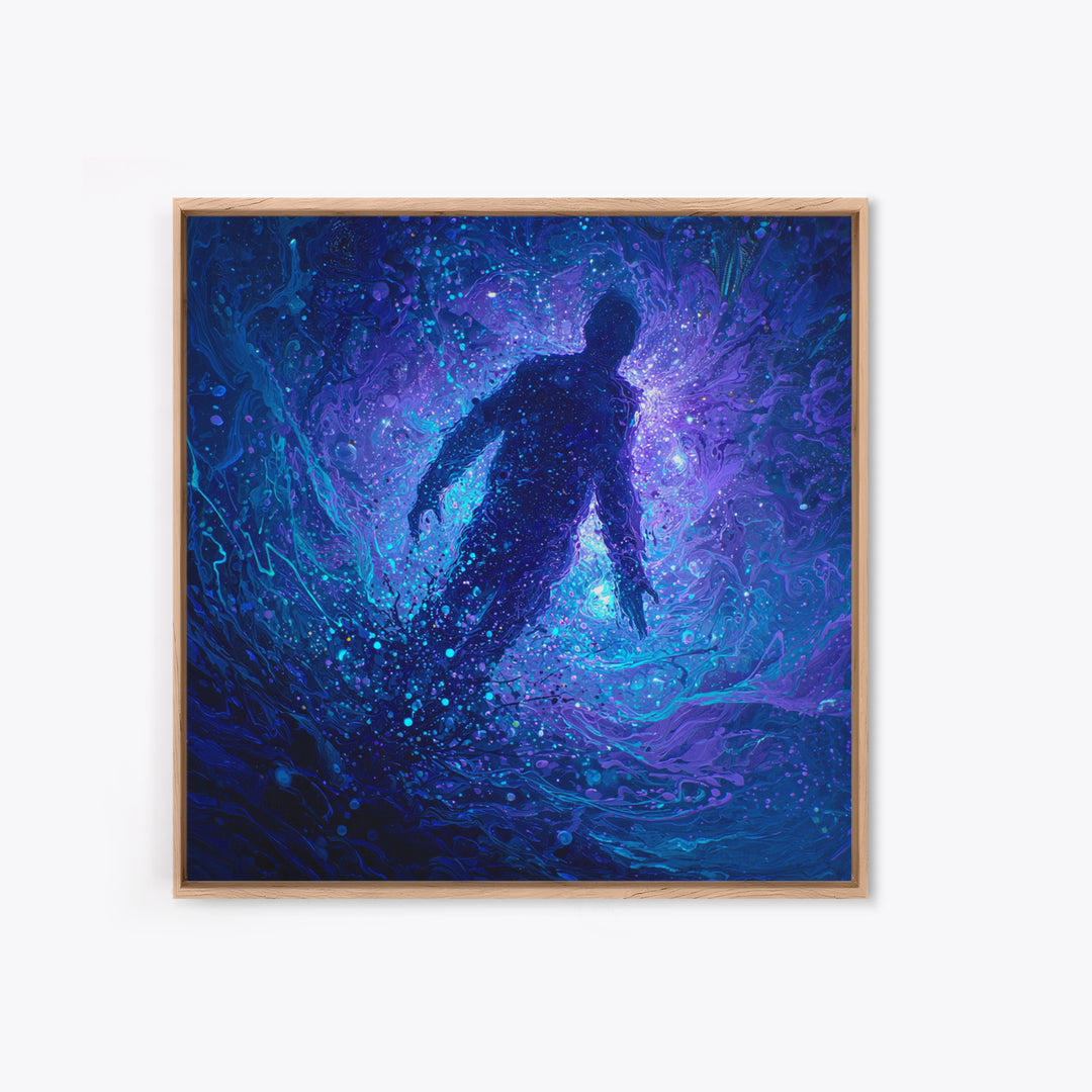 Surreal Figure Floating In Cosmic Blue Swirl Canvas Print, Abstract Space Art, Mystical Wall Art For Modern Living Room Decor