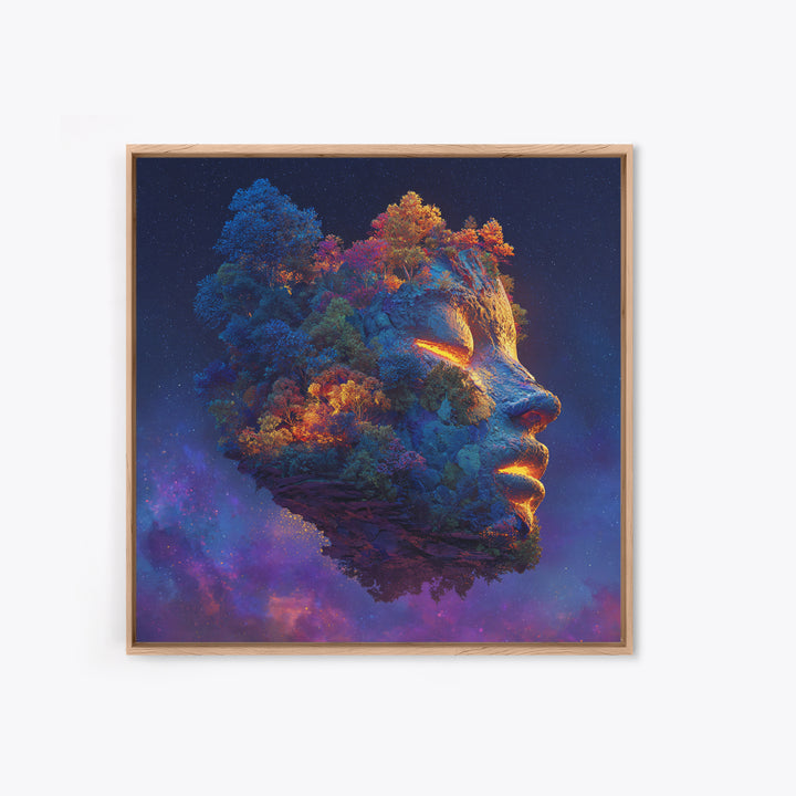 Cosmic Mother Earth Face Wall Art, Fantasy Floating Island Landscape Canvas Print, Vibrant Galaxy Home Decor
