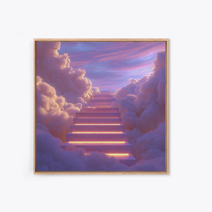 Glowing Stairway Through Pastel Clouds Wall Art, Dreamy Celestial Canvas Print, Calming Bedroom Decor For Nursery And Meditation Room