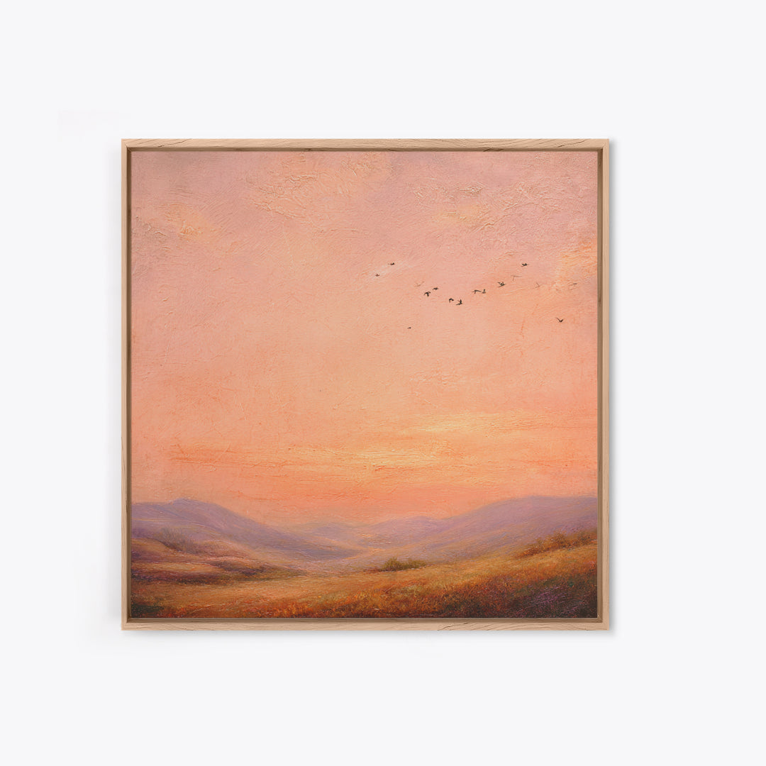Peach Sunset Valley Landscape Wall Art, Textured Oil Painting Print, Warm Nature Decor, Large Living Room Canvas Wall Decor