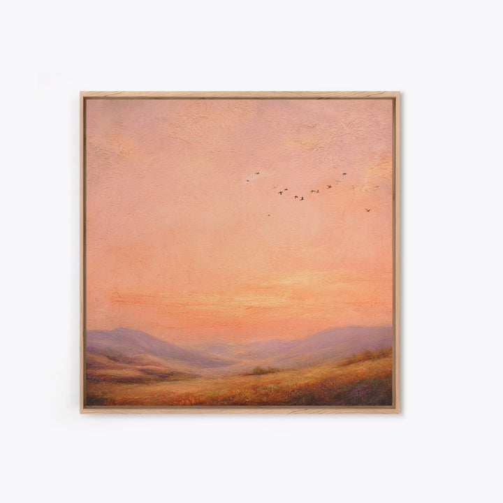Peach Sunset Valley Landscape Wall Art, Textured Oil Painting Print, Warm Nature Decor, Large Living Room Canvas Wall Decor