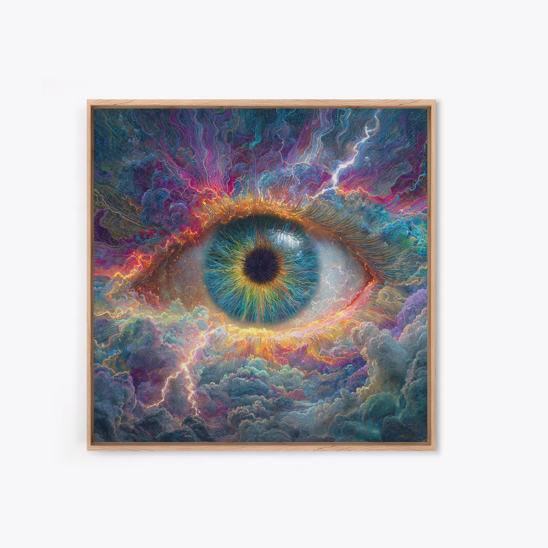 Cosmic Eye In Storm Clouds Framed Canvas Print, Surreal Celestial Wall Art, Psychedelic Visionary Decor For Office And Living Room