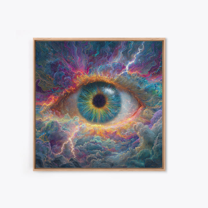 Cosmic Eye In Storm Clouds Framed Canvas Print, Surreal Celestial Wall Art, Psychedelic Visionary Decor For Office And Living Room