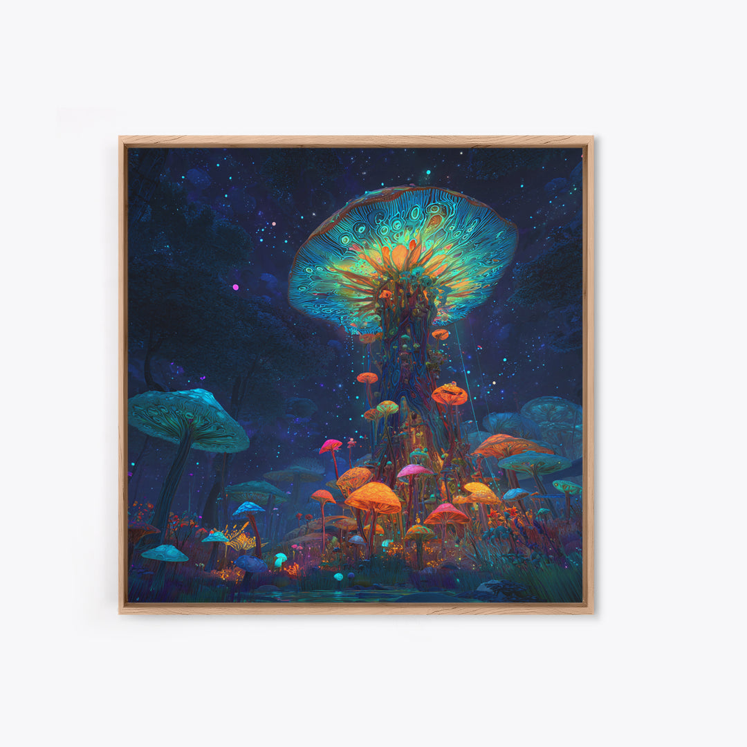 Enchanted Bioluminescent Mushroom Forest Wall Art, Vibrant Fantasy Landscape Canvas Print, Whimsical Nature Home Decor