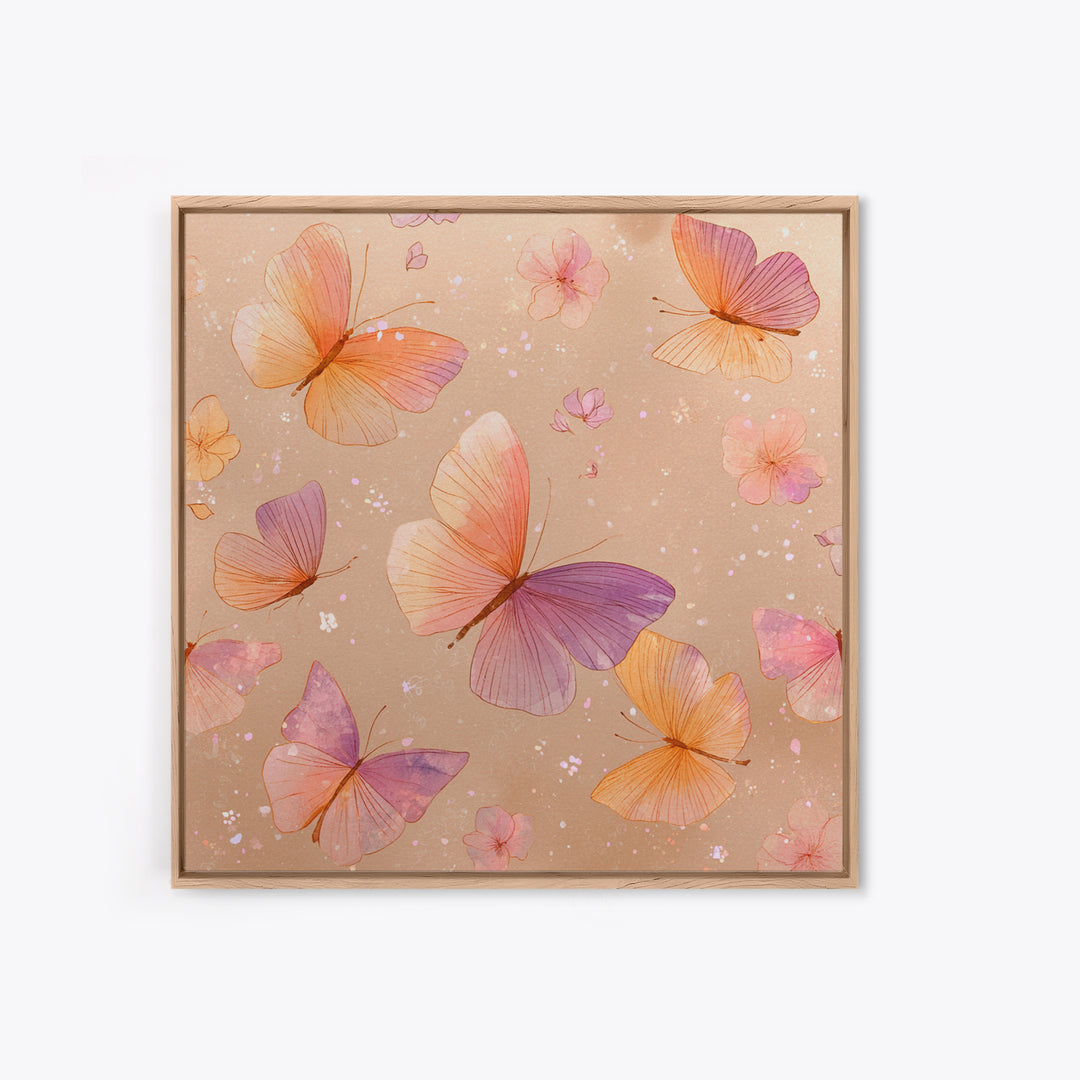 Pink Orange Butterfly Garden Wall Art, Whimsical Floral Canvas Print, Feminine Nursery Decor, Cute Girls Room Art, Gift For Her